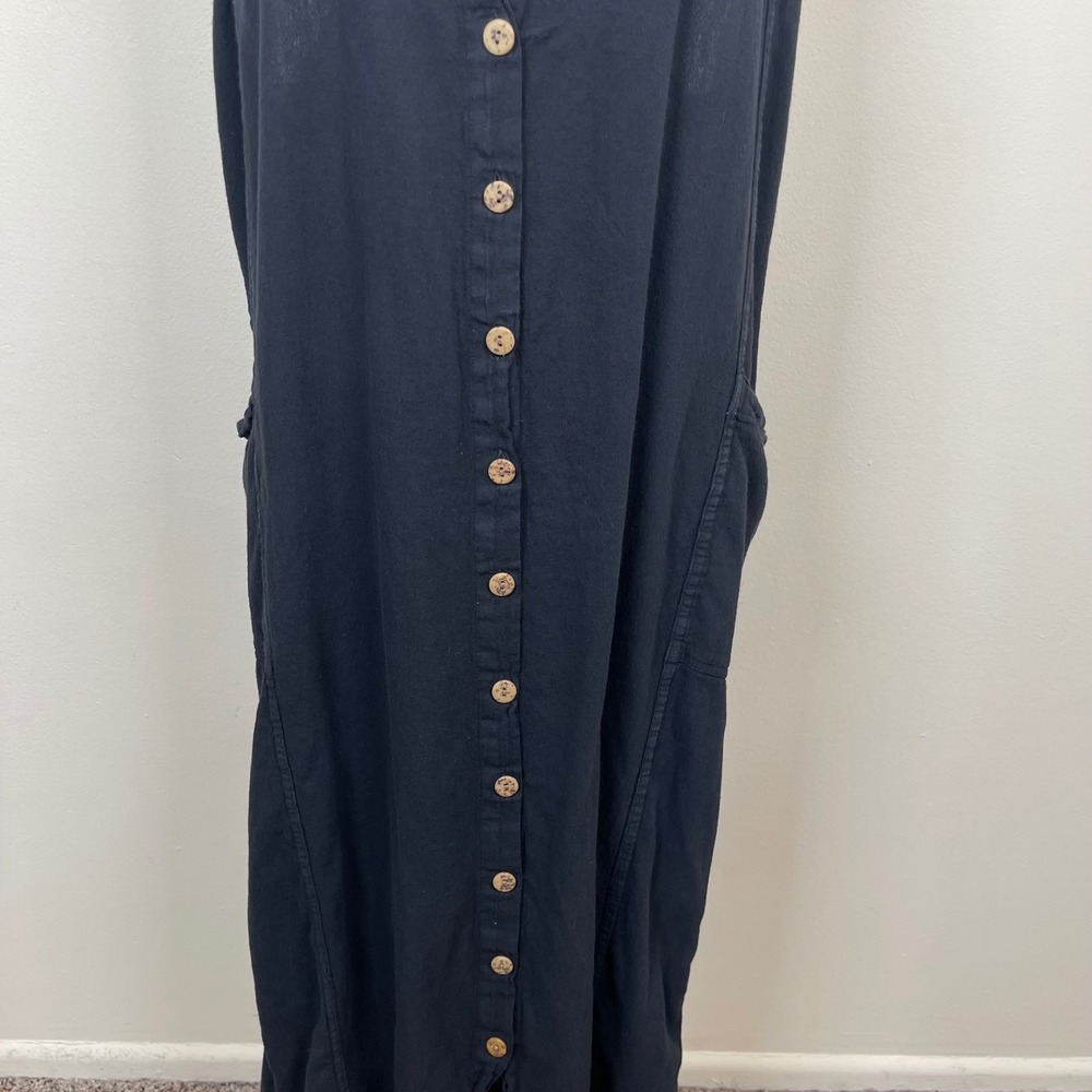 Vintage El Huarache Button Front Maxi Dress Womens L Black Cotton Boho Pockets - Picture 4 of 10
